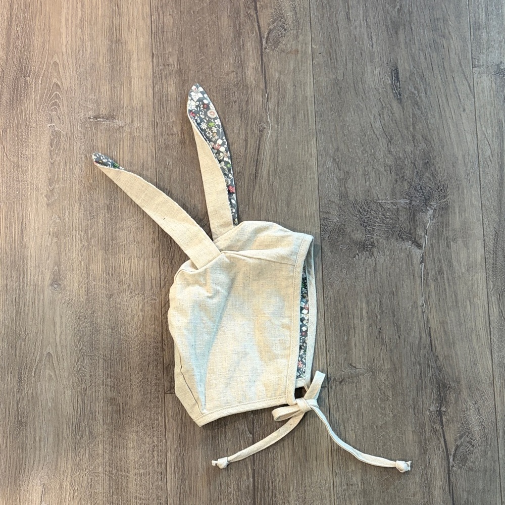 Cream Linen Baby Bonnet with Floral Trim